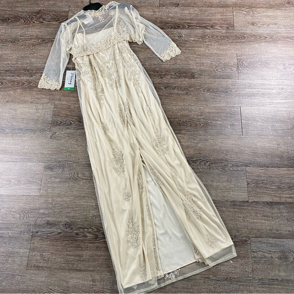 Vintage Stenay Maxi Dress 10 Cream Sheer Beaded Fairy Y2K Rayon Evening Gown - Picture 12 of 13